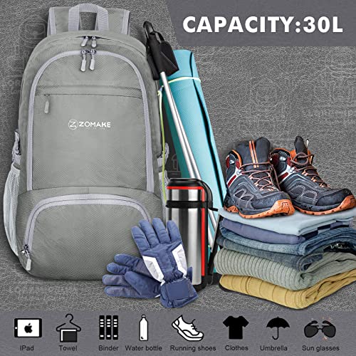 ZOMAKE Lightweight Packable Backpack 30L, Foldable Hiking Backpacks Water Resistant Compact Folding Daypack for Travel(Sliver Grey) - color: Sliver Grey