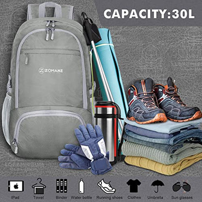 ZOMAKE Lightweight Packable Backpack 30L, Foldable Hiking Backpacks Water Resistant Compact Folding Daypack for Travel(Sliver Grey) - color: Sliver Grey