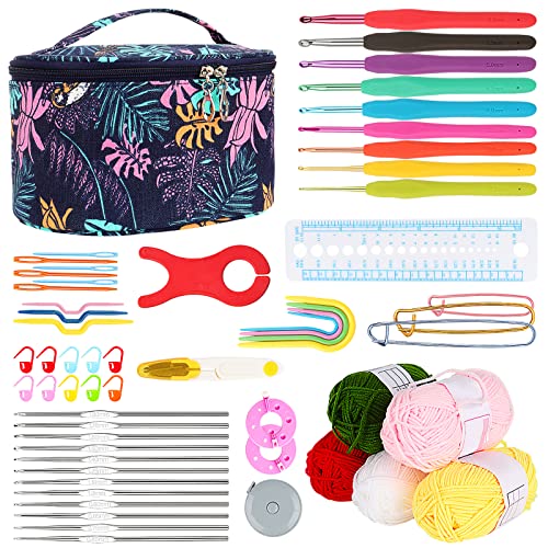 Aeelike Crochet Kit for Beginners Adults, Full Crochet Starter Set with Yarn, Include 9pcs Ergonomic Crochet Hooks 2.0-6.0 mm, 12pcs Lace Crochet Hooks 0.6-1.9 mm, Portable Crochet Hook Set with Case - color: blue leaves