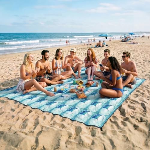 OIGAE Oversized Beach Blanket, 9×10 ft Sand-Free Outdoor Mat for Groups, Quick-Dry Picnic Blanket with Stakes & Corner Pockets, Manta Ray - color: Manta Ray, size: 9x10 Ft (2～8 person)