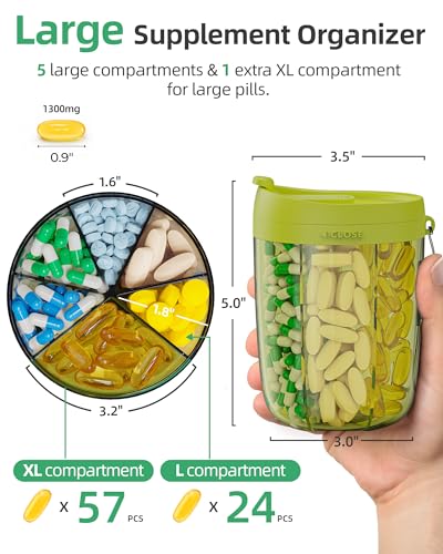 PULIV Large Pill Bottle Organizer, Supplement Organizer for Holding 6 Various Vitamins, Pill Box Case with Anti-Mixing & Wide Opening Design, Easy to Retrieve Meds and 20 Pcs Stick-on Labels, Green - color: Green