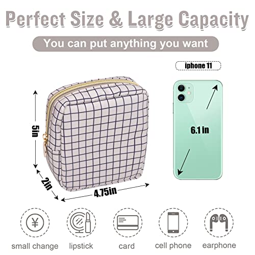 Nylon Mini Makeup Bag for Purse, Small Cute Checkered Makeup Bag Preppy Cosmetic Zipper Pouch Purse, Travel Coin Pouch Sanitary Napkin Storage Bag Clutch Make Up Organizer for Women Girls(Checkered) - color: Checkered, size: Mini