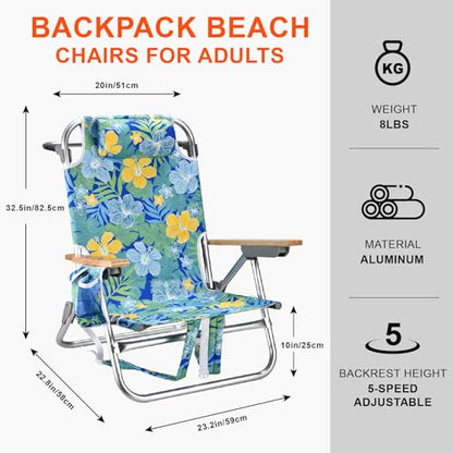Backpack Beach Chairs for Adults Capacity 300 LBS Low 5 Position Beach Chair with Pouch Straps Folding Lightweight Reclining Aluminum Wide Lay Flat Single - color: 10in Wood Yellow Flower 1 Pack