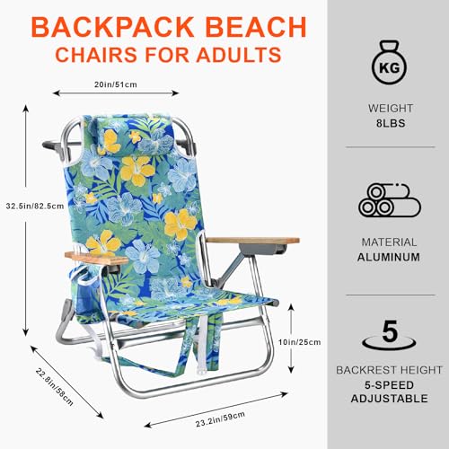 2 Pack Backpack Beach Chairs for Adults Capacity 300 LBS Low 5 Position Beach Chair with Pouch Straps Folding Lightweight Reclining Aluminum Wide Lay Flat Single - color: 10in Wood Yellow Flower 2 Pack
