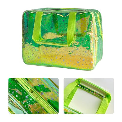 Holographic green Clear Star Large Cosmetic Bag and TPU Travel Pouch with Handle,Durable Material,Zipper Design-Ideal for Makeup,Travel Essentials (Holographic green+stars) - color: Holographic green+stars
