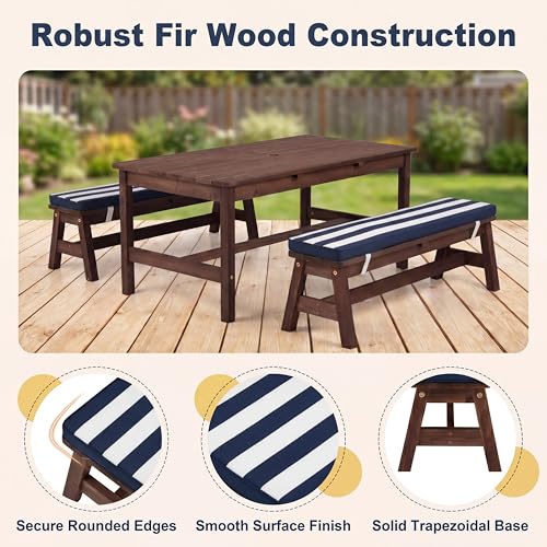 HONEY JOY Kids Picnic Table, Large 42” x 23” Tabletop, Fir Wood Toddler Outdoor Table & Bench Set w/Removable Cushions & Umbrella, Children Backyard Furniture for Patio Garden, Seats for 4 (Blue) - color: Blue