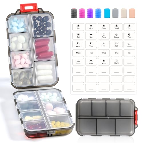 14 GRIDS Travel Pill Organizer Box with Labels - Travel Medicine Case Kit - Pocket Daily Pharmacy Container - Travel Medication Holder Dispenser for Fish Oil Vitamin Supplement Storage - Clear Gray - color: Clear-grey, size: with White Labels