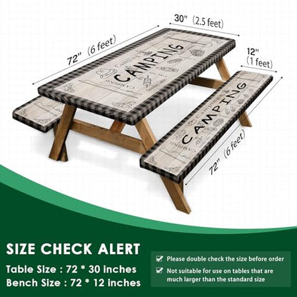 Picnic Table Cover with Bench Covers Elastic Edges, Blue Camper Fitted Table Cover, Outdoor Patio Camping Essentials 72 Inch 3PCS, Waterproof Camping Fitted Tablecloth with Drawstring Bag - color: Blue Plaid, size: 72in