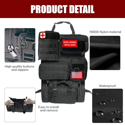 Tactical Car Seat Back Organizer,Tactical Molle Seat Back Organizer with 5 Detachable Molle Pouch,Velcro Label Can Be Removed,Universal Fits for Car Truck Jeep Vehicle - color: Red flag