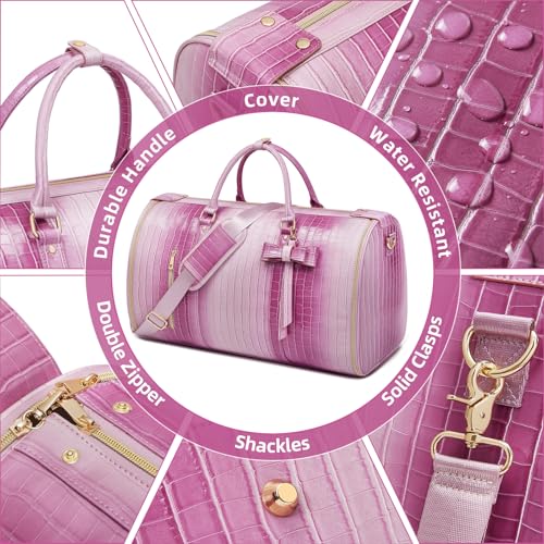 Convertible Garment Duffle Bag for Women, Foldable 2-in-1 Carry On Travel Bag with Shoe Compartment & Toiletry Pocket, PU Leather Stylish Garment Bags for Business Trip, Vacation, Pink-White - color: Rose-Pink