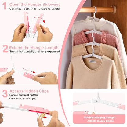 6 Pack Fodable Travel Hangers with Clips & Adjustable Clothesline, Portable Collapsible Hangers with Storage Bag for Suitcase, Hotel, RV, Cruise Essentials Set (Pink) - color: Pink