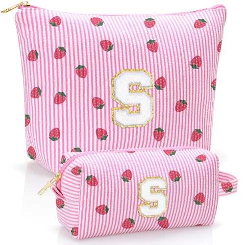 Personalized Initial Makeup Bag,Strawberry Print Preppy Cosmetic Toiletry Travel Bag,Trendy Letter Makeup Pouch for Teen Girls and Women,Holiday & Birthday Gift,2 Pack (S, Pink Strawberry) - style: S