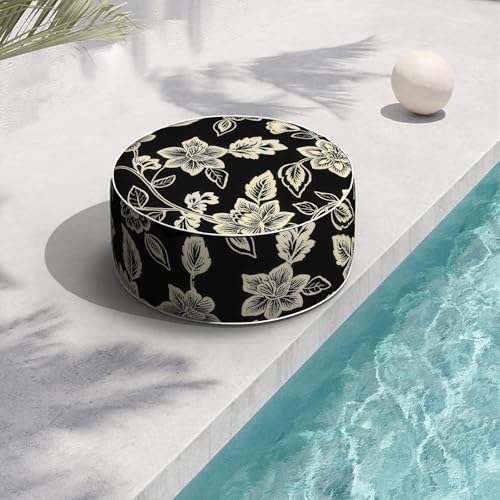 Indoor/Outdoor Inflatable Ottoman with Handle, Decorative Fade-Resistant Round Footstool D21 x H9 inch, Portable Ottoman Pouf for Patio Garden Camping, Elegant Vines Black - color: Elegant Vines Black, size: 21"D x 21"W x 9"H