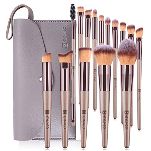 HEYMKGO Makeup Brushes 15PCS Champagne Gold Professional Makeup Brush Set Foundation Brush Blending Powder Blush Concealer Eye Make Up Brush with Bag - color: Champagne Gold