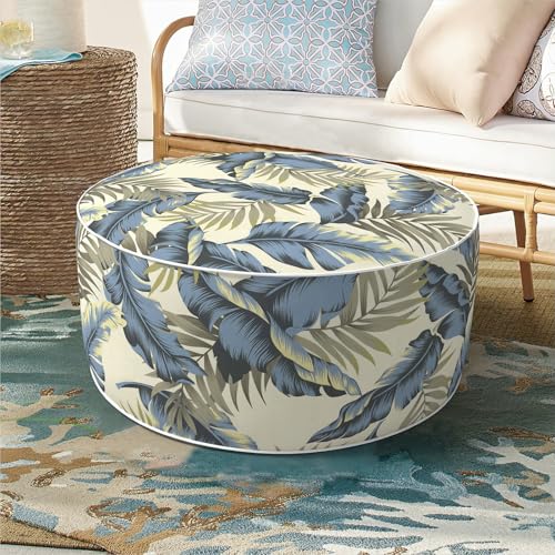 DYTXIII Inflatable Ottoman Stool D21 xH9 for Outdoor/Indoor Use, Water Repellent Patio Foot Rest with Portable Handle,Round Pouf Ottoman Suitable for Garden,Deck and Camping-Lush Palm Blue - color: Lush Palm Blue, size: 21"D x 21"W x 9"H
