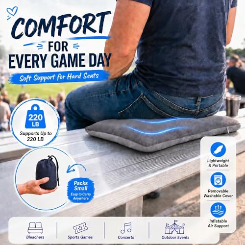Inflatable Stadium Seat Cushion for Bleachers, Portable Air Pad that Packs Small, Breathable Top & Non-Slip Bottom, Removable Washable Cover for Sports Games, Concerts & Outdoor Events
