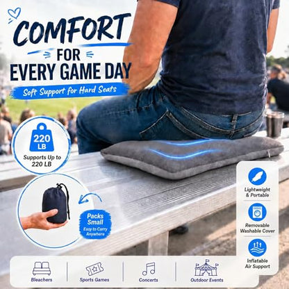 Inflatable Stadium Seat Cushion for Bleachers, Portable Air Pad that Packs Small, Breathable Top & Non-Slip Bottom, Removable Washable Cover for Sports Games, Concerts & Outdoor Events