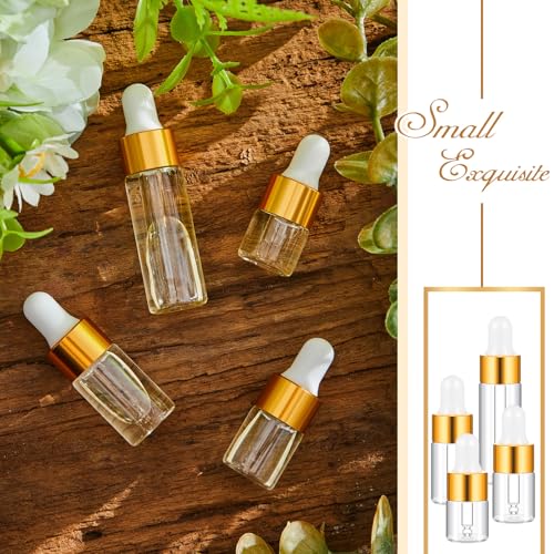 Didaey 20 Pcs Mini Glass Oil Dropper Bottle Bulk, Clear Essential Small Empty Bottles Sample Containers Perfume Liquid Vials with Cap for Traveling (1ml,2ml,3ml,5ml,Champagne Gold) - color: Champagne Gold, size: 1ml, 2ml, 3ml, 5ml