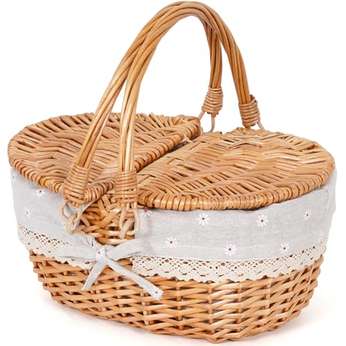 Happypicnic 12" Picnic Basket - Small Wicker Basket with Foldable Handle Lid & Removable Liner | Cute Picnic Basket Toy Empty for Kids, Gift, Halloween, Christmas, Valentines, Easter, Birthday, Flower - color: White Flower, size: Small