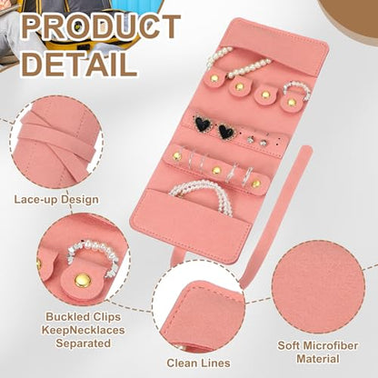 uxcell Travel Jewelry Bag Roll, Foldable Travel Organizer with Tie Close Microfiber Storage Roll for Earrings, Necklaces, Rings, Bracelets, Brooches, Valentine's Day Gifts, Pink - color: Pink