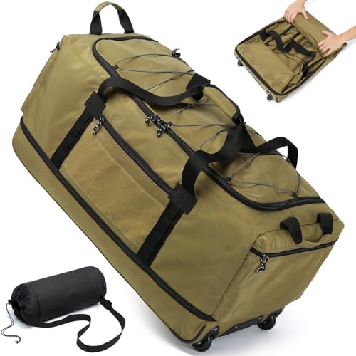 Laripwit Collapsible Duffle Bag with Wheels 130-170L Extra Large Expandable Travel Duffel Bag for Men Women Heavy Duty Military Duffle Bag for Camping Rolling Foldable Carry On Luggage, Brown - color: Brown