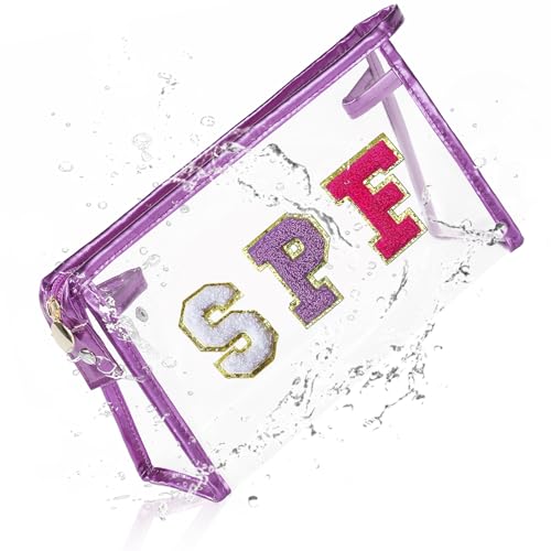 COSHAYSOO Sunscreen Bag Clear Makeup Toiletry Pouch Beach Vacation Essentials for Women Teen Girls Trip Gifts Summer Pool Travel Must Have Accessories Waterproof Stuff - color: Purple-SPF