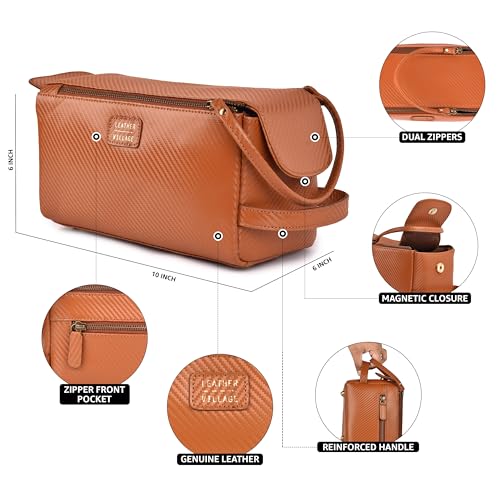 LEATHER VILLAGE Genuine Carbon Fiber Genuine Leather Travel Toiletry Bag - Large Dopp Kit, Water-Resistance Bathroom Kit & Shaving Organizer for Men & Women - Tan - color: Carbon Tan