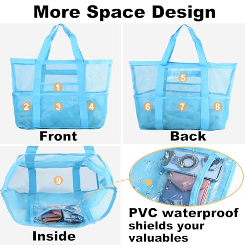 CaCTOUR Large Beach Bag Women,Beach Bags Waterproof Sandproof with Zipper Wet Pocket,Beach Tote Pool Bag for Swim Gym Travel - color: Mesh Blue