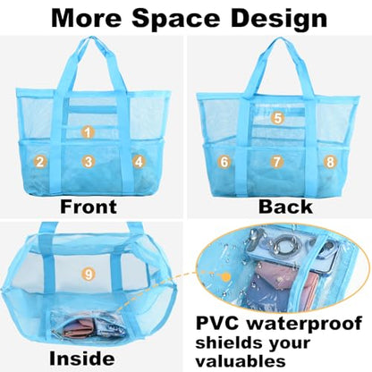 CaCTOUR Large Beach Bag Women,Beach Bags Waterproof Sandproof with Zipper Wet Pocket,Beach Tote Pool Bag for Swim Gym Travel - color: Mesh Blue
