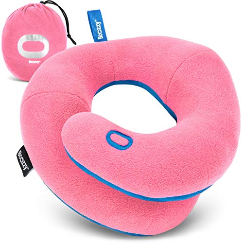 BCOZZY Kids Travel Neck Pillow (8-12 Y/O) – Patented Soft Child Pillow for Head & Chin Support in Car, Airplane, and Road Trip Sleeping. Adjustable Size. Carry Bag. Fully Washable. Medium, Pink - color: Pink, size: Medium (Kids 8-12 Y/O)