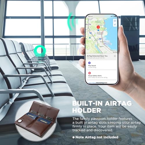 VULKIT Family Passport Holder for 4 Leather Passport Wallet with Airtag Slot Multiple Passport Holder RFID Blocking Bifold Travel Documents Organizer - color: Espresso