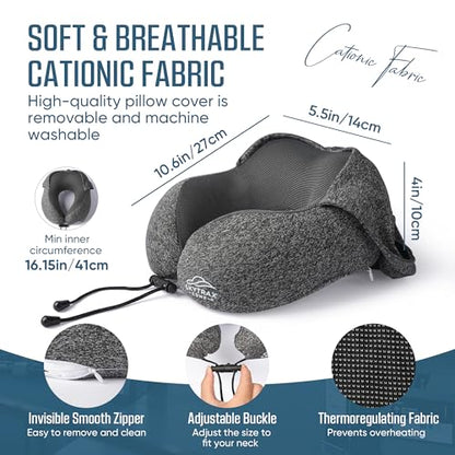 SkytraxComf® Travel Neck Pillow with Hood for Privacy on Long Flights | Memory Foam | Airplane Sleep | Safety-Tested Materials | Extra Large Hood | Chin Support | Earplugs | Washable Cover - color: Grey