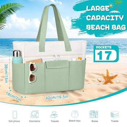 Beach Bags for Women Large Canvas Beach Tote with Zipper Wet Pocket, Waterproof Foldable Swim Pool Travel Tote Bags - color: Grass Green