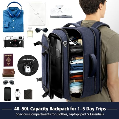 Flight Approved Travel Backpack with LifetimeWarranty,Expandable Carry on Backpack 40-50L with Cable Access Port,Fits 17.3"Laptop,Flight TSA friendly,Anti Theft Laptop Backpack Travel,Commuting,Blue - color: Blue, size: 17.3inch (19"x12.5"x8.5")