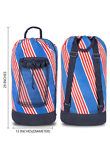 Dalykate Backpack Laundry Bag with Shoulder Straps and Mesh Pocket Durable Nylon Clothes Hamper Bag with Drawstring Closure for College, Travel, Laundromat, Apartment - color: Stripe Blue