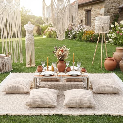 9 Pcs Extra Large Outdoor Boho Picnic Blanket 91'' x 71'' Folding Camping Table Beige White Table Runner 6 Throw Pillow with Pillow Cores Woven Cotton Yarn for Camping Garden Beach Wedding