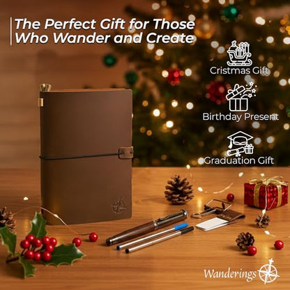 WANDERINGS Pocket Size Travelers Notebook Bundle – 4" x 5.1" (10 x 13cm) – Genuine Leather Journal with Pen Holder, Pen, 2 Ink Refills, PVC Folder & Binder Clip - size: Pocket