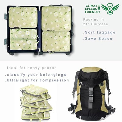 BAGAIL 6 Set Ultralight Compression Packing Cubes Packing Organizer for Travel Accessories Luggage Suitcase Backpack - color: Green Flower70D, style: Cloth Pattern