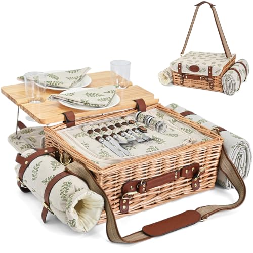 Multifunctional Wicker Picnic Basket Set for 2 with Blanket and Picnic Table, Insulated Picnic Set with Full Tablewares for Camping Outdoor Couples,Leaf - color: Leaf With Blanket &Table for 2