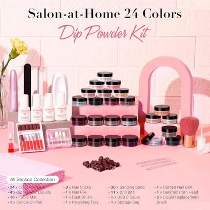 AzureBeauty Dip Powder Nail Kit with Electric Nail Drill, 24 Colors Nude Pink Glitter Nail Powder Starter Kit with Dip Liquids Base Top Coat Activator Portable Manicure French Nail Art Essential Set - color: Nude Pink Glitter