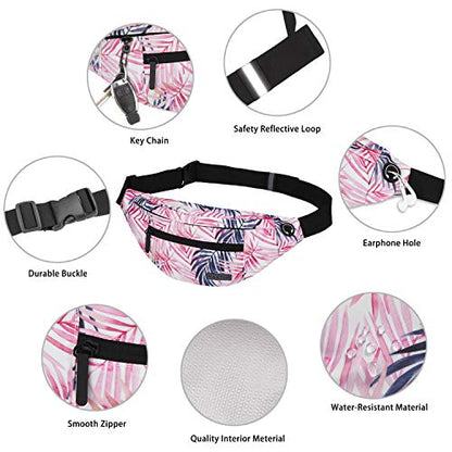 MAXTOP Large Crossbody Fanny Pack with 4-Zipper Pockets,Gifts for Enjoy Sports Festival Workout Traveling Running Casual Hands-Free Wallets Waist Pack Phone Bag Carrying All Phones - color: Pink Leaf, style: Large Fanny Pack(4 Zipper Pockets)