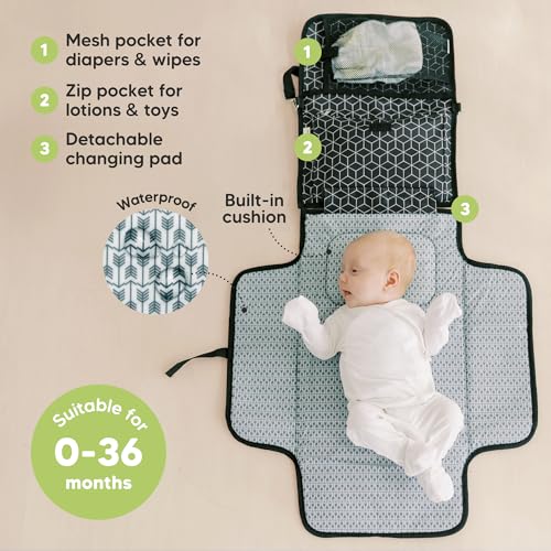 KeaBabies Portable Diaper Changing Pad, Travel, Car - Large Waterproof Baby Changing Mat, Wipeable, Padded, On The Go Travel Diaper Clutch Bag, Easy to Use Pockets for Newborn Essentials (Black Geo) - color: Black Geo