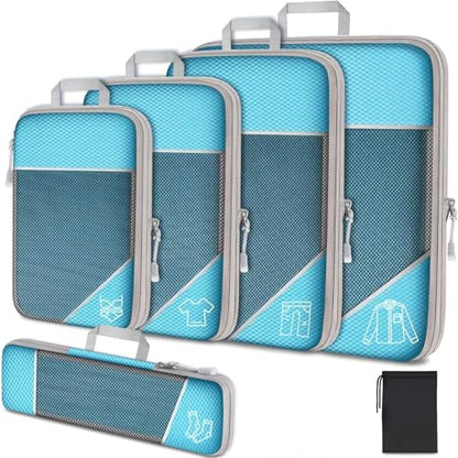 6Pcs Compression Packing Cubes Set, Waterproof Travel Luggage Organizer with Drawstring Bag, Lightweight Nylon Suitcase Storage Bags for Travel Camping Business Trip - color: Blue