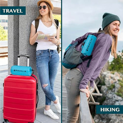 PAVILIA Travel Blanket Airplane Compact with Bag, Lightweight Soft Fleece Plane Blanket Long Flights, Camping Road Trips, Packable Travel Gift Essentials with Luggage Backpack Strap, 65x40, Teal Blue - color: Teal Blue