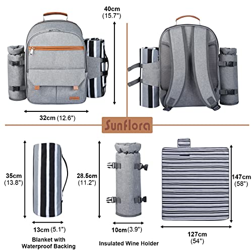Sunflora Insulated Picnic Backpack for 2 Person Bag with Cooler Compartment, Wine Pouch, Blanket and Stainless Steel Cutlery Set for Couple, Lovers and Friends (Grey) - color: Gray, size: 2 person