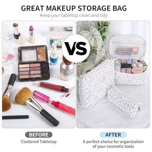 senbowe Floral Cherry Makeup Bag, 3 Pack Large Cotton Quilted Makeup Bag Set, Cute Floral Coquette Aesthetic Toiletry Bag Make Up Cosmetic Bag for Women, Toiletry Travel Make Up Organizer Bag - color: Cherry