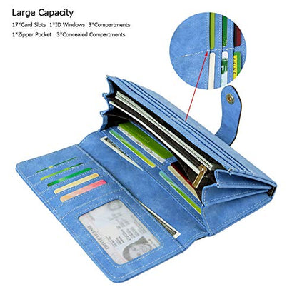 Women's Vegan Leather 17 Card Slots Card Holder Long Big Bifold Wallet - color: Light Blue
