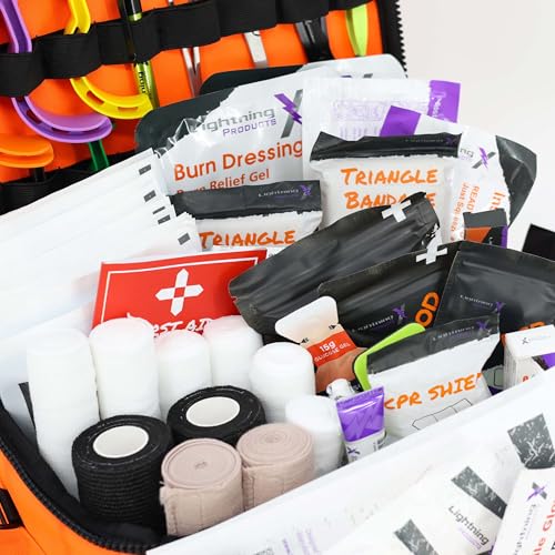 Lightning X Mid-Sized First Responder EMT Bag | LXMB25 | Fully Stocked w/ 240+ First Aid, EMS & Trauma Supplies - Orange - color: Orange