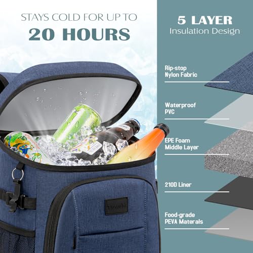 Tuwubi Cooler Backpack 35/42 Cans, Backpack Coolers Insulated Leak Proof for Men Women, Waterproof Soft Sided Lunch Camping Beach Travel Ice Chest Backpack Cooler Bag - color: Blue, size: Medium