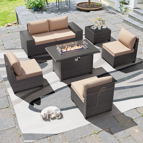 7 PCS Outdoor Patio Furniture Set,Outdoor Sectional Furniture with 43" 55000 BTU Gas Propane Fire Pit Table,All Weather PE Rattan Wicker Patio Conversation Set,Sand - color: Sand, size: 7 High Backrest w/Fire Pit